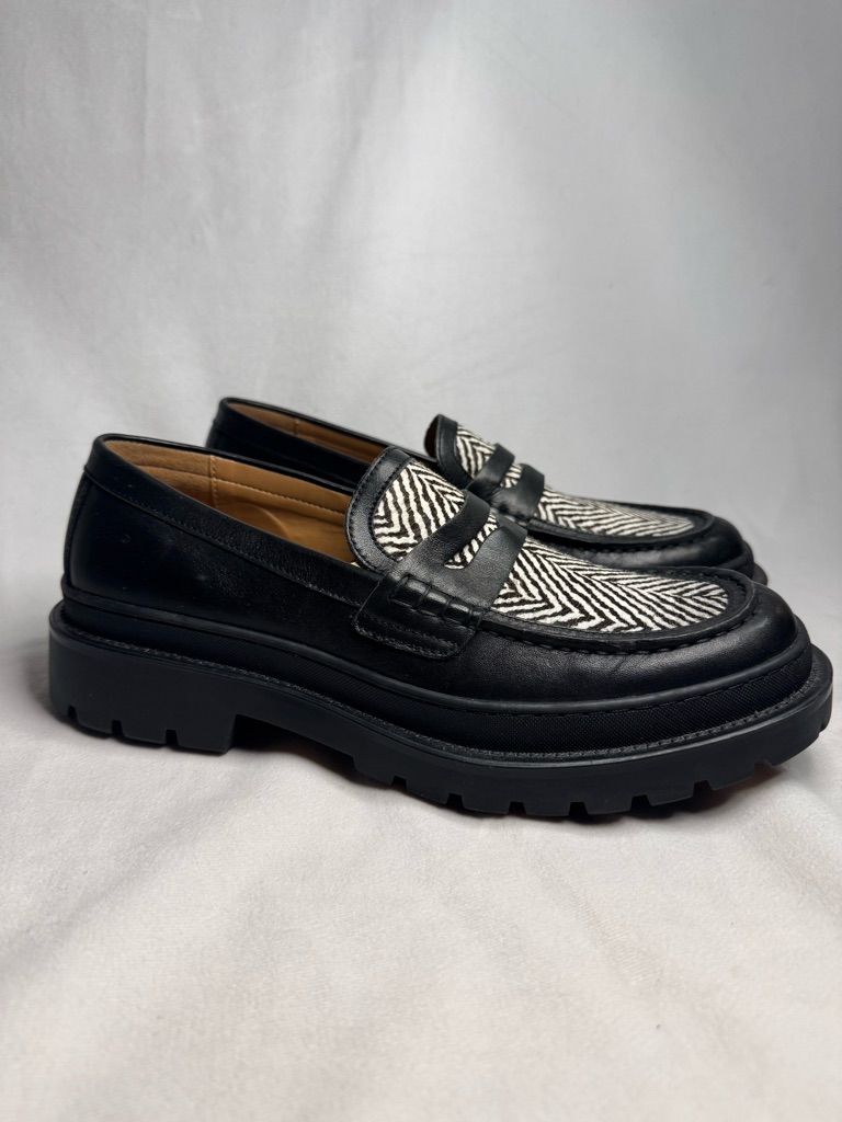 Steve Madden Black Leather Lug-Sole Penny Loafers With Black & White Herringbone